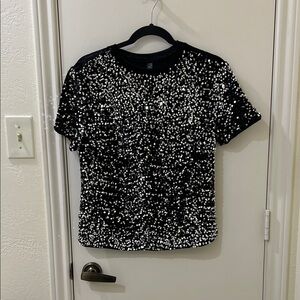 Allegra K Black and White Sequin Short Sleeve Top